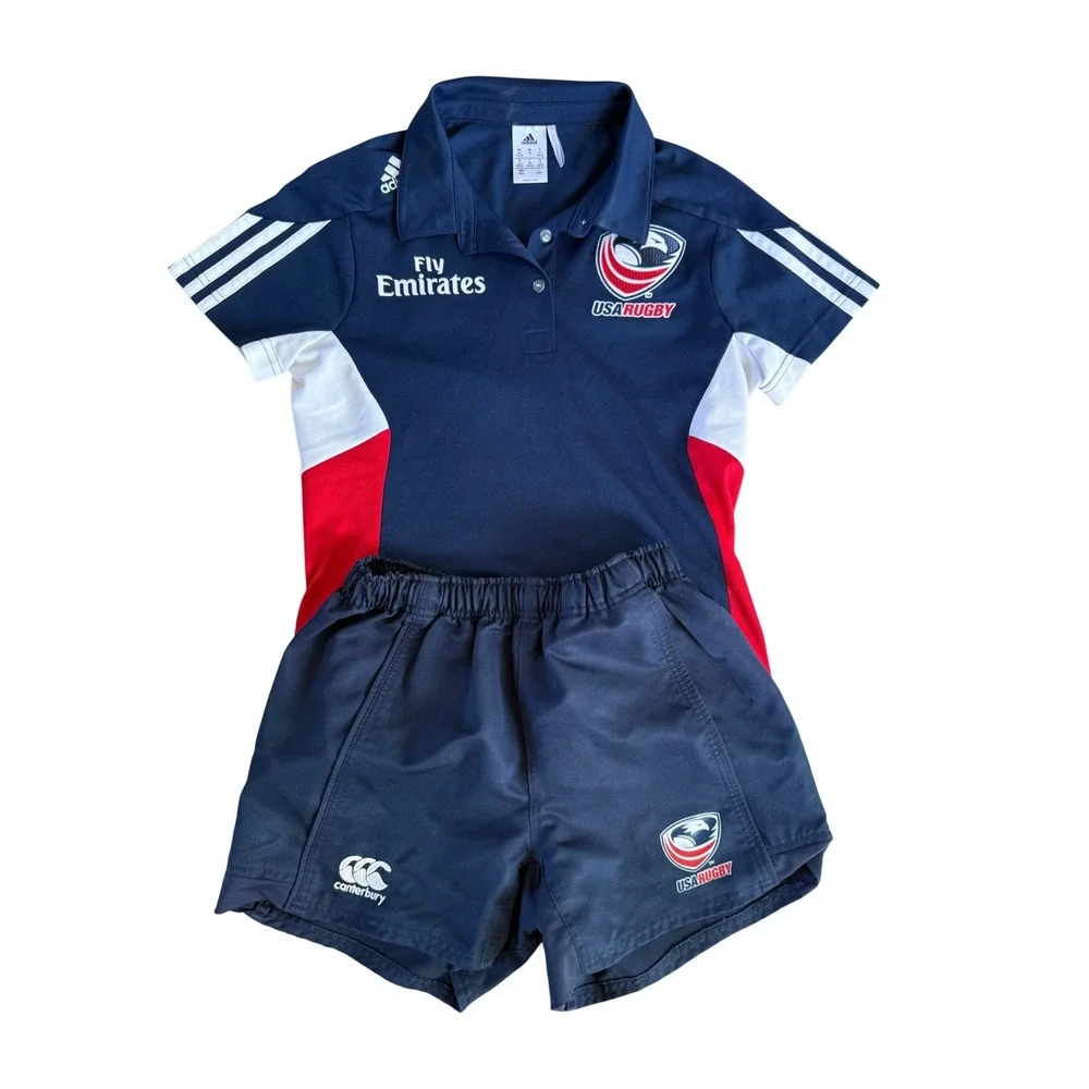 Adidas USA Rugby Fly Emirates Polo Shirt & Canterbury Shorts Set Medium Navy